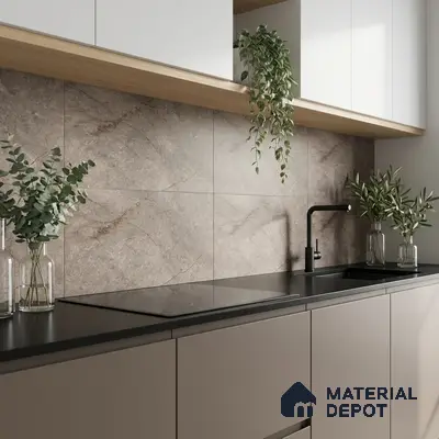 Modern kitchen with taupe matte laminate cabinets, stone-look backsplash tile, and black quartz countertop