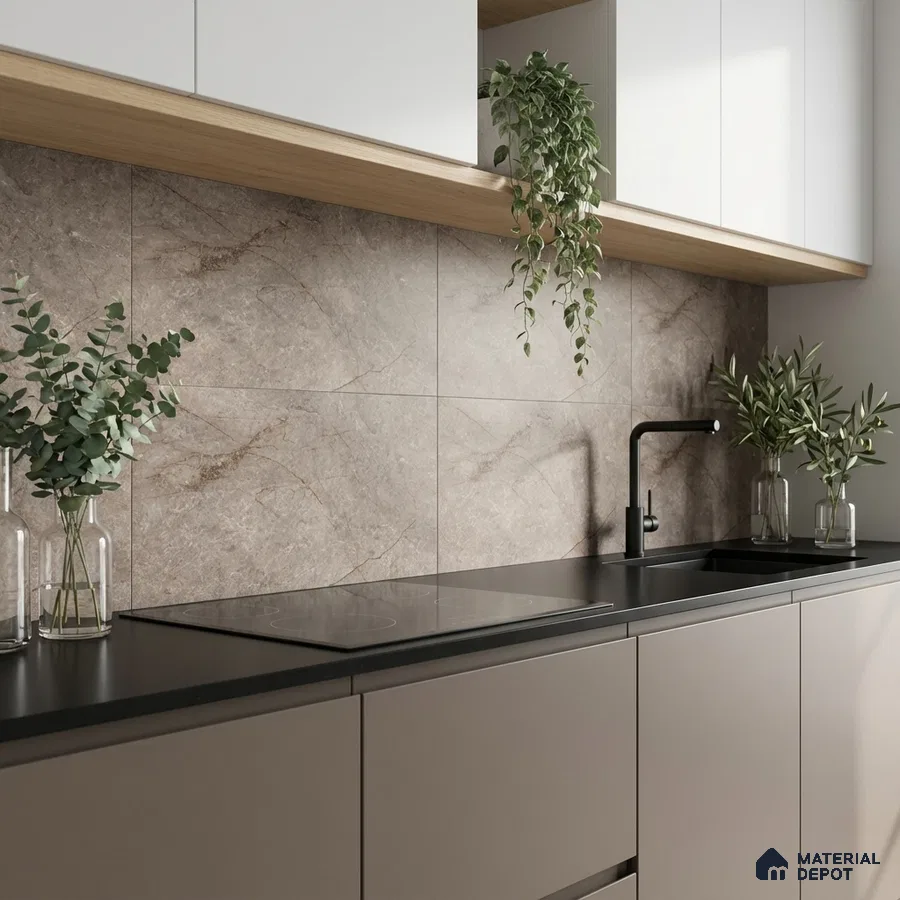 Modern kitchen with taupe matte laminate cabinets, stone-look backsplash tile, and black quartz countertop