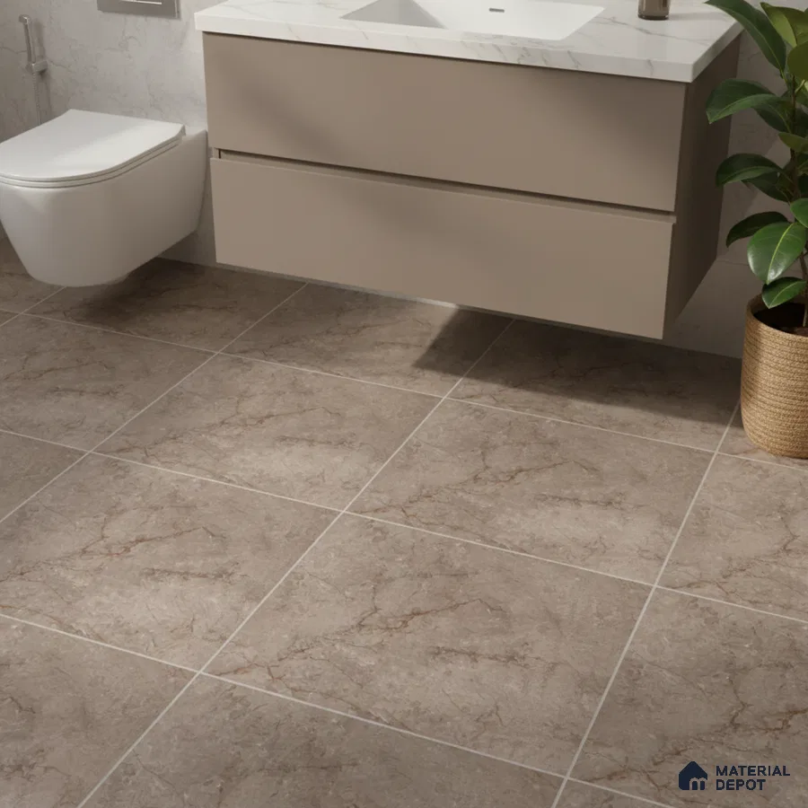 Modern bathroom with taupe floating vanity, white marble countertop, and beige marble floor tiles