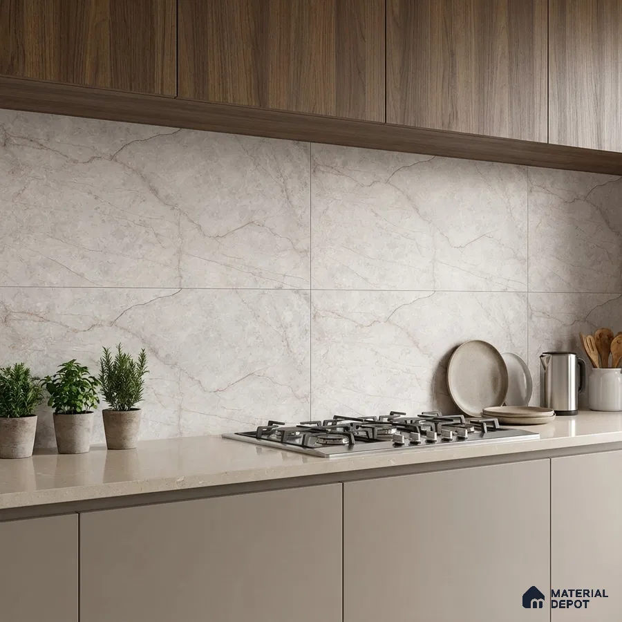 Modern kitchen with walnut wood laminate cabinets, beige quartz countertop, and marble-look backsplash tiles