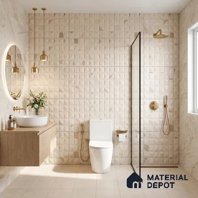 Modern bathroom with beige 3D geometric wall tiles, marble-look wall tiles, and light wood floating vanity