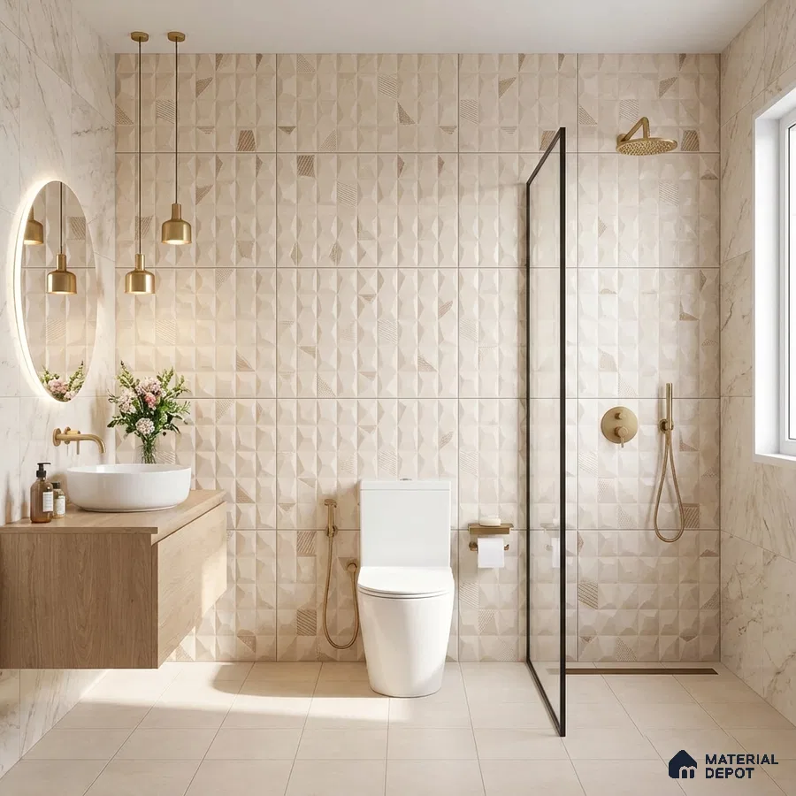 Modern bathroom with beige 3D geometric wall tiles, marble-look wall tiles, and light wood floating vanity