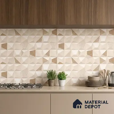 Modern kitchen with geometric beige and brown backsplash tile, taupe laminate cabinets, and walnut wood overheads