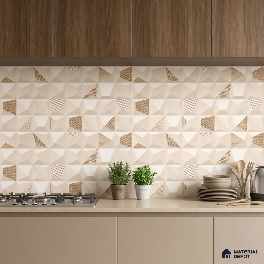 Modern kitchen with geometric beige and brown backsplash tile, taupe laminate cabinets, and walnut wood overheads