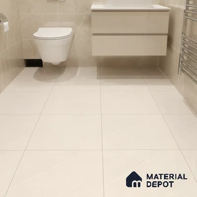 Modern bathroom with beige marble-look wall and floor tiles and glossy floating vanity