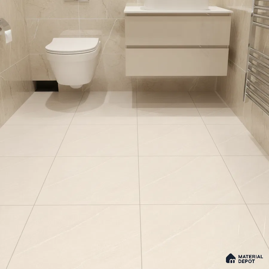 Modern bathroom with beige marble-look wall and floor tiles and glossy floating vanity