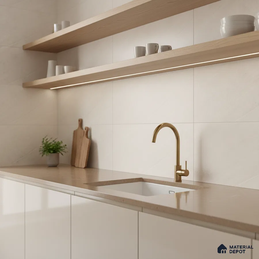 Minimalist kitchen with beige quartz countertop, frosty white laminate cabinets, and light oak open shelves