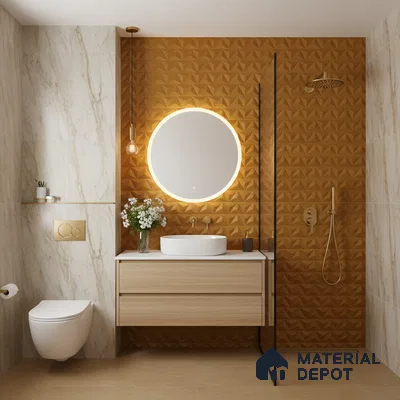 Modern bathroom with beige marble wall tiles, 3D geometric terracotta wall tiles, and light wood floating vanity