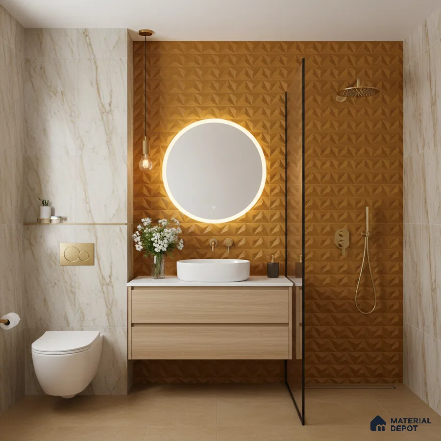 Modern bathroom with beige marble wall tiles, 3D geometric terracotta wall tiles, and light wood floating vanity