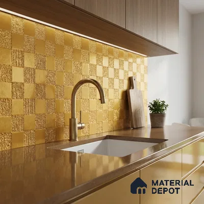 Modern kitchen with gold metallic checkerboard backsplash tile and brown quartz countertop