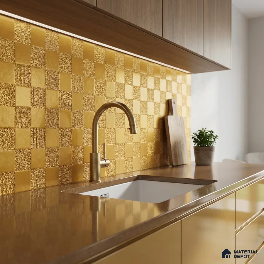 Modern kitchen with gold metallic checkerboard backsplash tile and brown quartz countertop