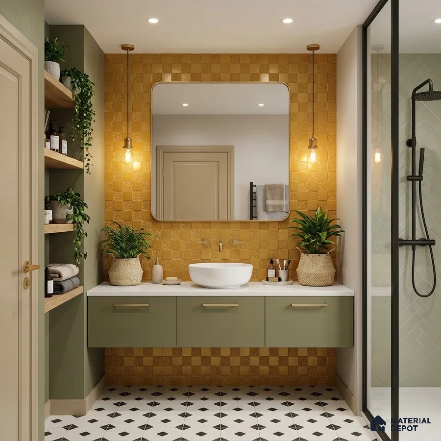Modern bathroom with mustard checkerboard wall tiles, sage green vanity laminate, and black-and-white geometric floor tiles