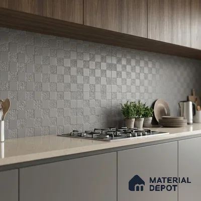 Modern kitchen with taupe quartz countertop, matte grey laminate cabinets, and textured checkerboard grey backsplash tiles