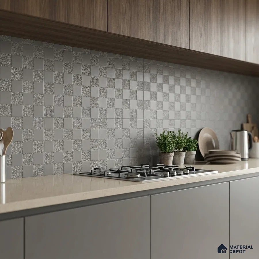 Modern kitchen with taupe quartz countertop, matte grey laminate cabinets, and textured checkerboard grey backsplash tiles