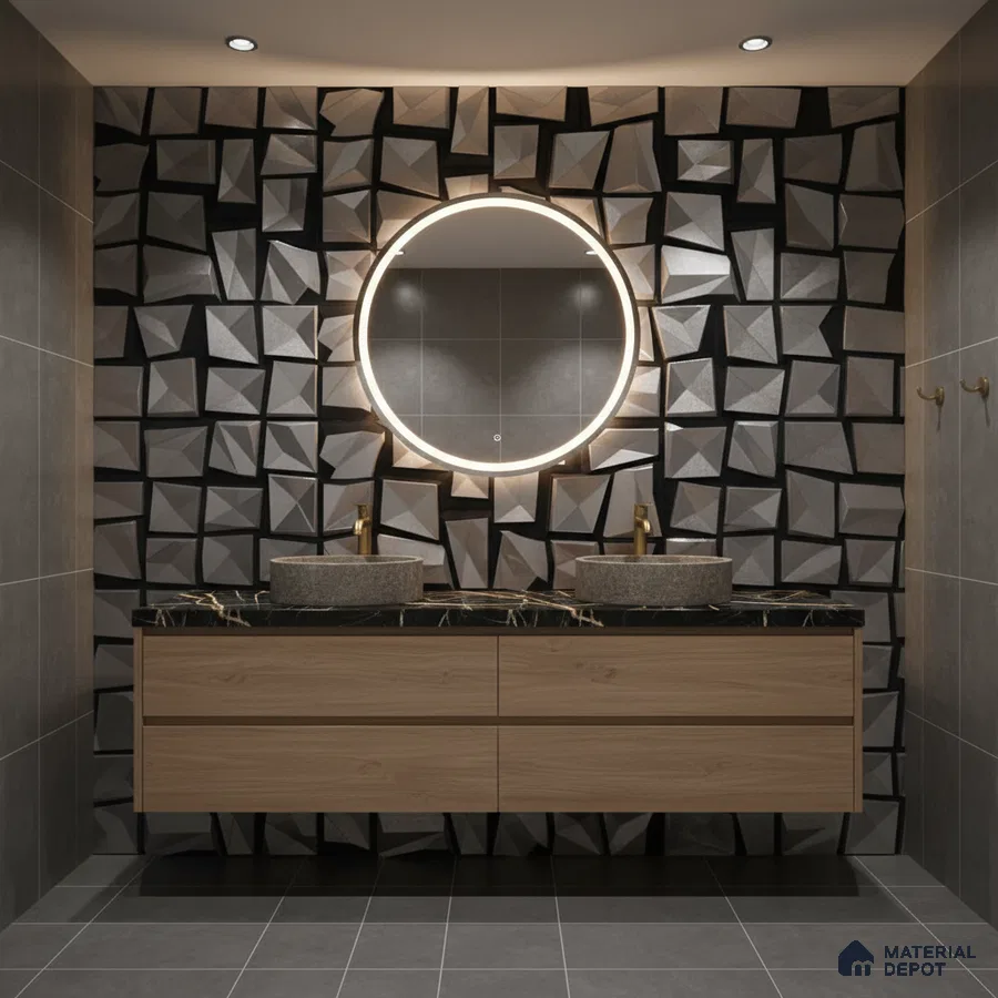 Modern bathroom with 3D geometric wall tiles, black quartz countertop, and light oak vanity