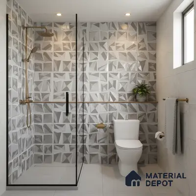 Modern bathroom with geometric grey and white wall tiles and matte white floor tiles