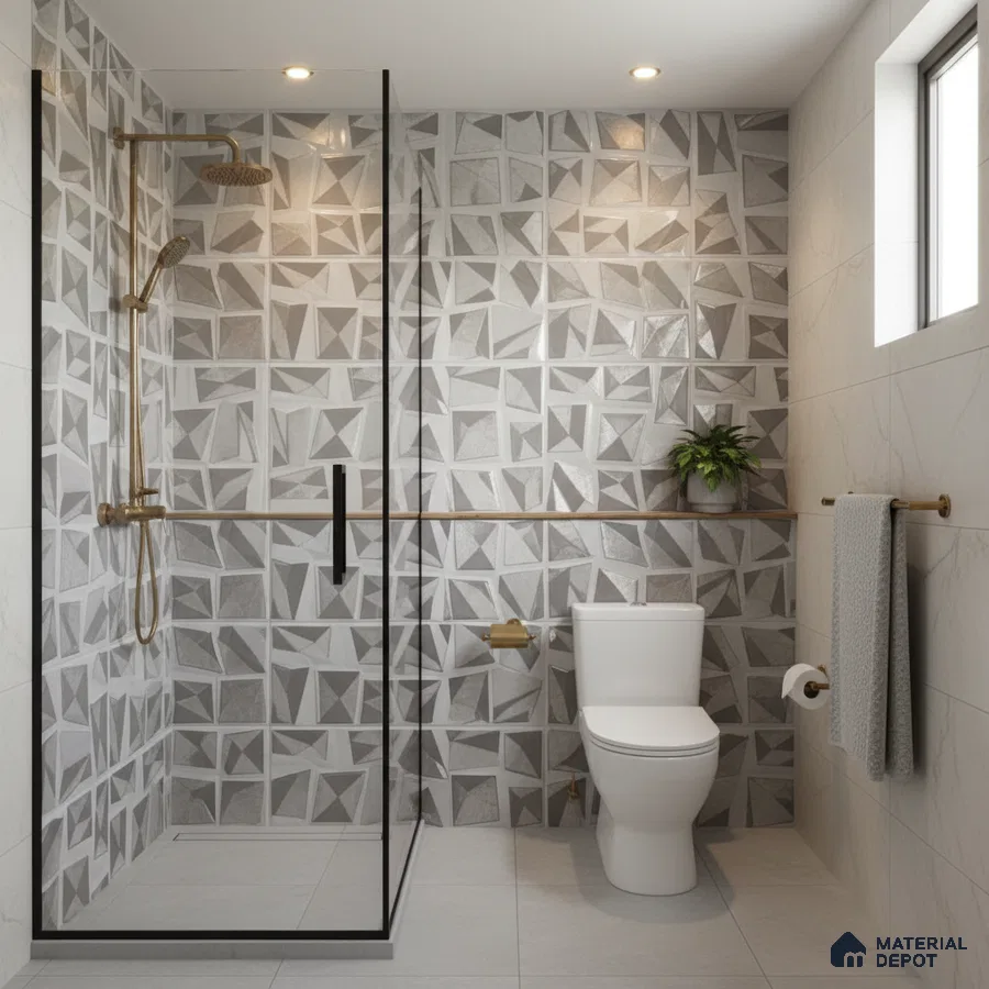 Modern bathroom with geometric grey and white wall tiles and matte white floor tiles
