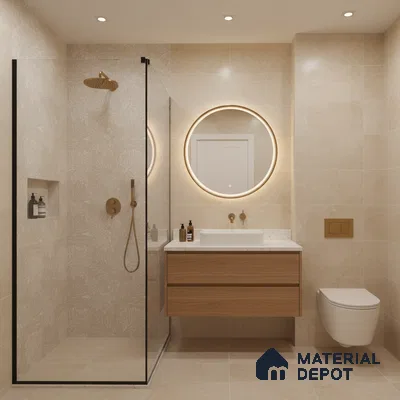 Minimalist bathroom with beige marble-look tiles, floating wood vanity, and brass fixtures