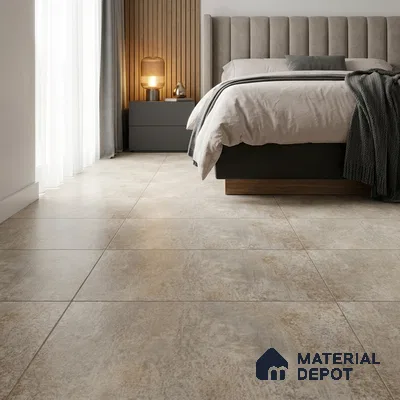 Industrial Bedroom with Umber Rustic Stone-Look Matte Floor Tile