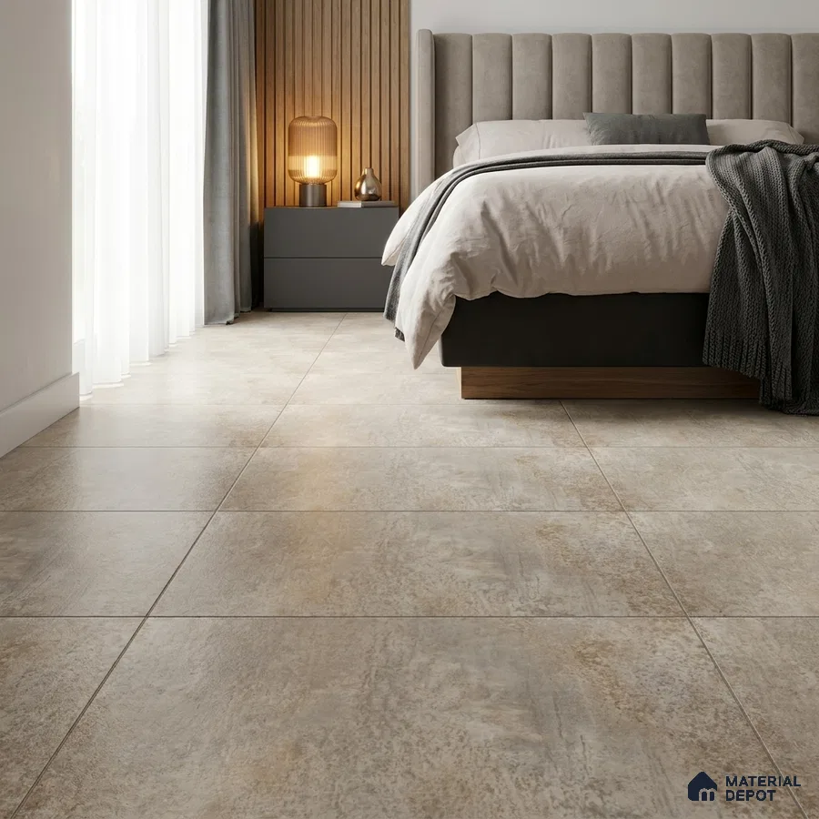 Industrial Bedroom with Umber Rustic Stone-Look Matte Floor Tile
