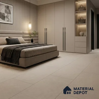 Minimalist Bedroom with Almond Cement-Look Matte Floor Tile