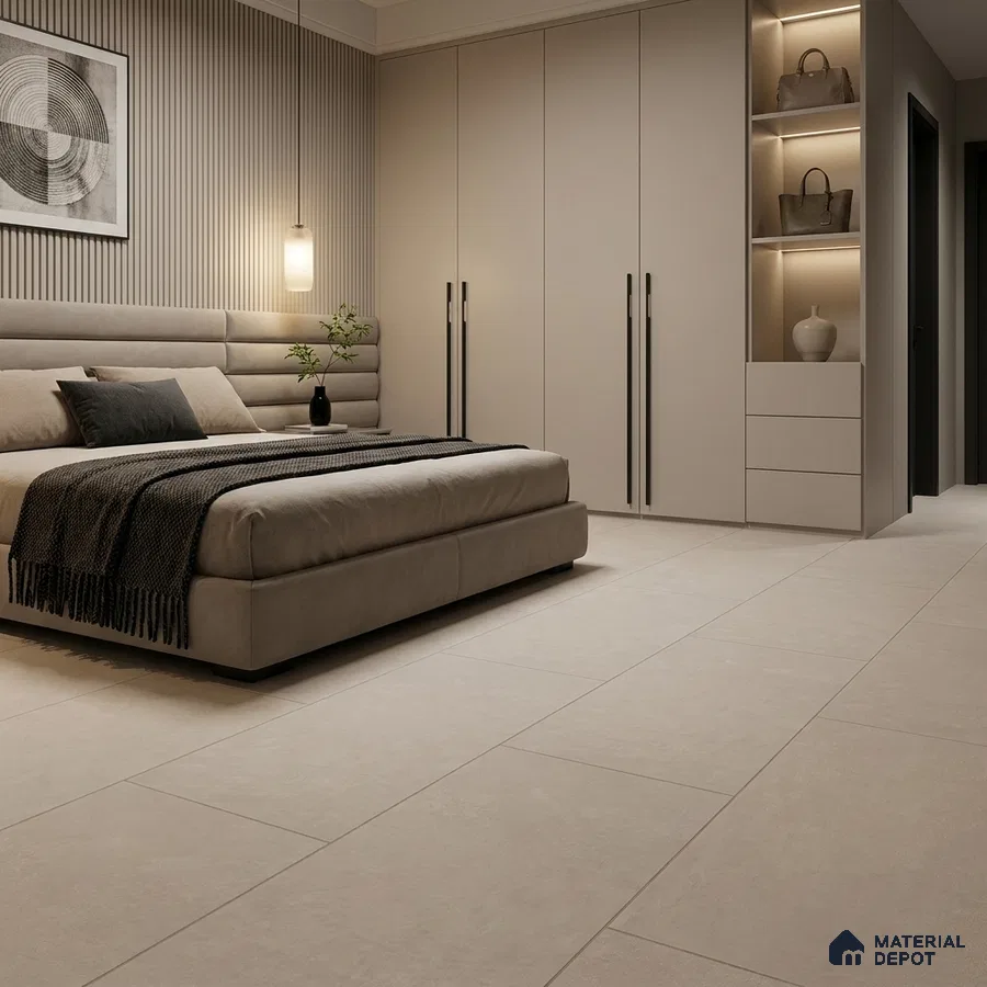 Minimalist Bedroom with Almond Cement-Look Matte Floor Tile