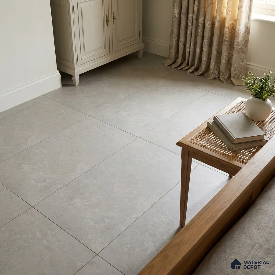 Traditional Bedroom with Ash Grey Cement-Look Matte Floor Tile