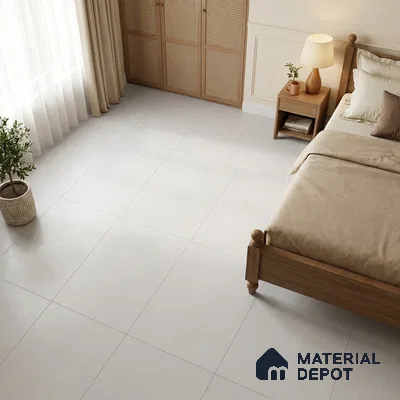 Scandinavian Bedroom with Snow White Cement-Look Matte Floor Tile
