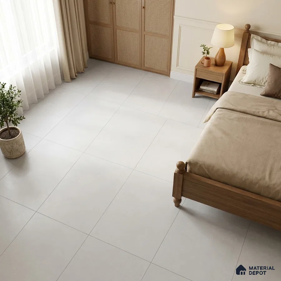 Scandinavian Bedroom with Snow White Cement-Look Matte Floor Tile