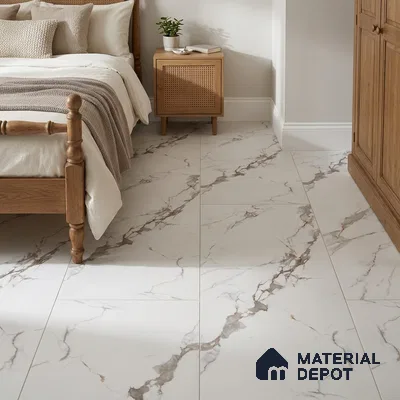 Traditional Bedroom with Statuario White Marble-Look Matte Floor Tile