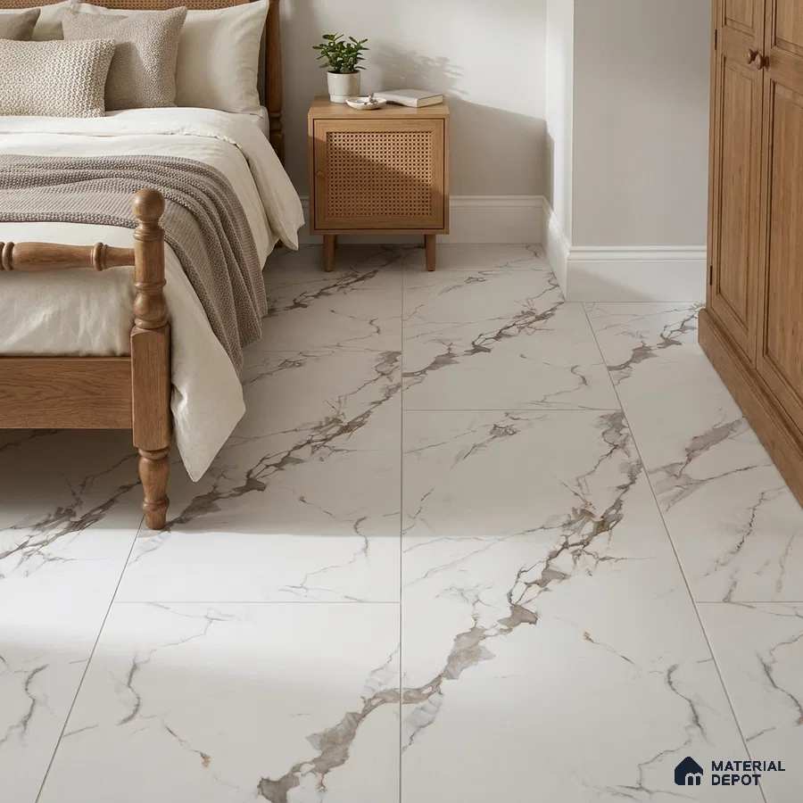 Traditional Bedroom with Statuario White Marble-Look Matte Floor Tile