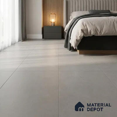 Minimalist Bedroom with Grey Cement-Look Matte Floor Tile