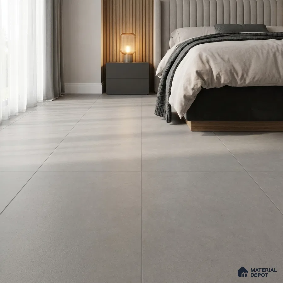 Minimalist Bedroom with Grey Cement-Look Matte Floor Tile