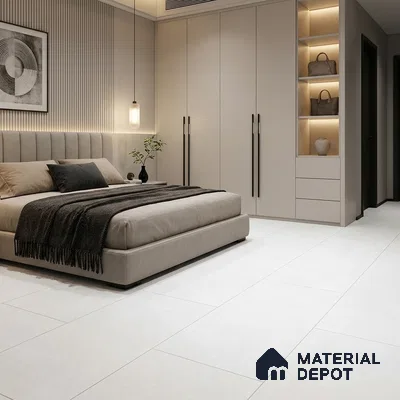 Modern Bedroom with Bianco White Cement-Look Matte Floor Tile