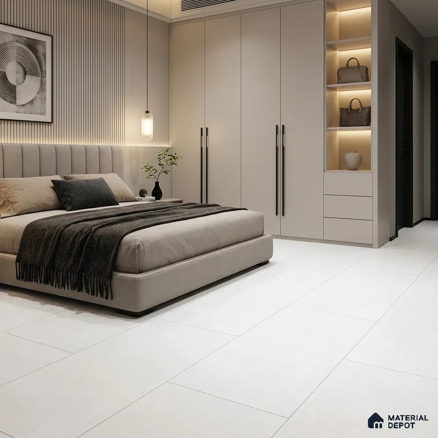 Modern Bedroom with Bianco White Cement-Look Matte Floor Tile