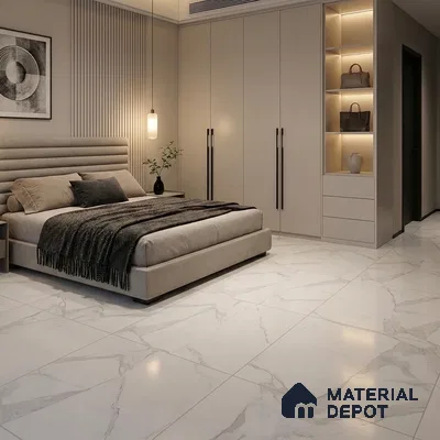Modern Bedroom with Statuario White Marble-Look Floor Tile