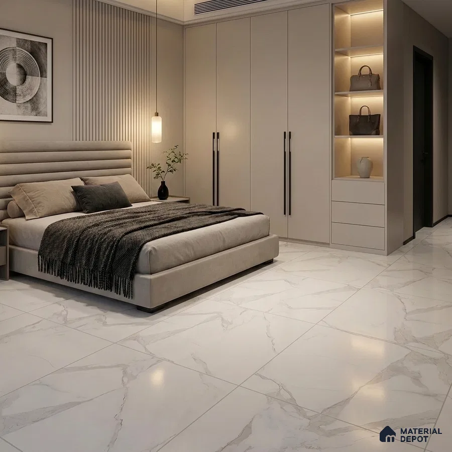 Modern Bedroom with Statuario White Marble-Look Floor Tile