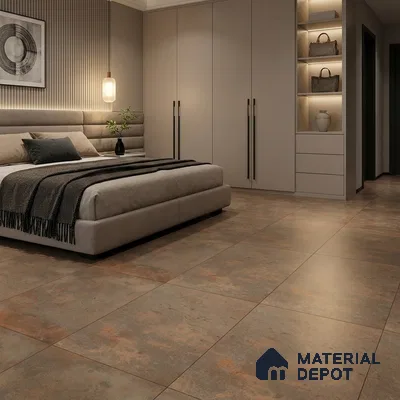 Industrial Bedroom with Rustic Brown Cotto Stone-Look Floor Tile