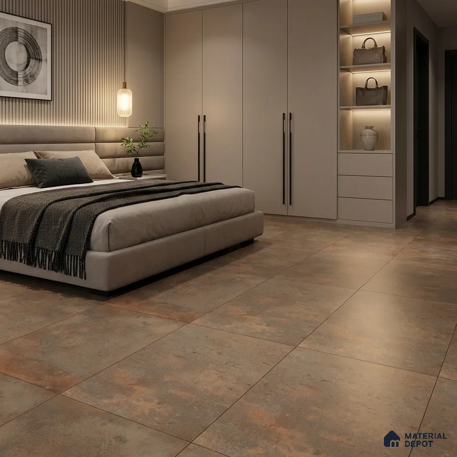 Industrial Bedroom with Rustic Brown Cotto Stone-Look Floor Tile