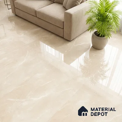 Modern living room with beige marble-look glossy floor tiles and neutral sofa