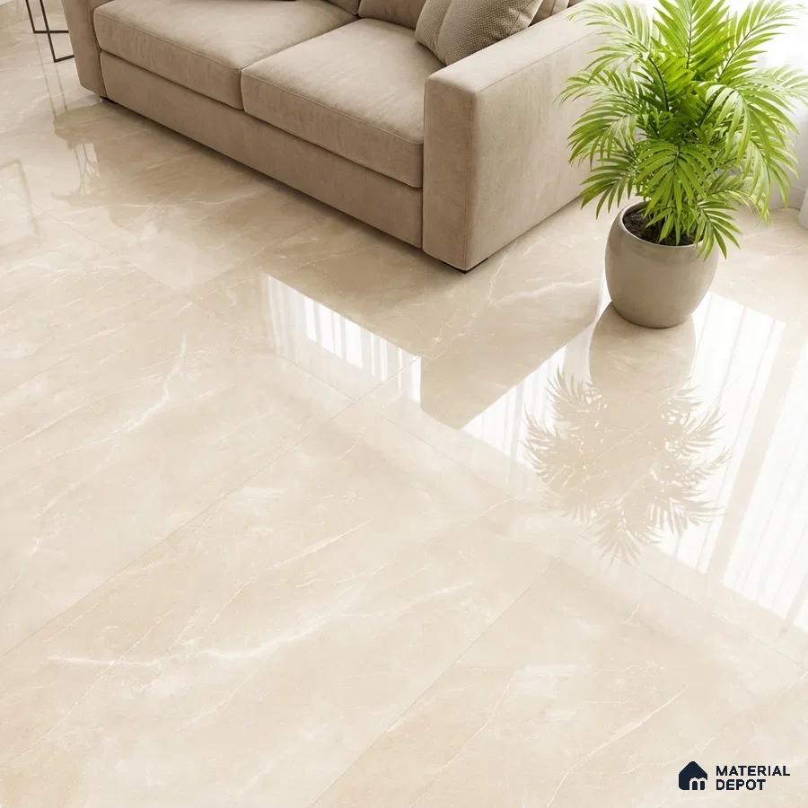Modern living room with beige marble-look glossy floor tiles and neutral sofa