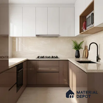 Modern U-shaped kitchen with glossy taupe and white laminate, beige marble-look backsplash, and quartz countertop