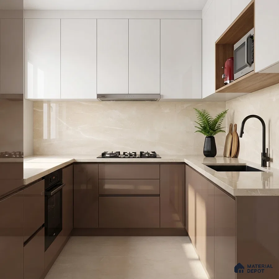 Modern U-shaped kitchen with glossy taupe and white laminate, beige marble-look backsplash, and quartz countertop