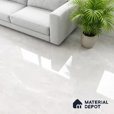 Minimalist living room with glossy light grey marble-look floor tiles and light grey fabric sofa