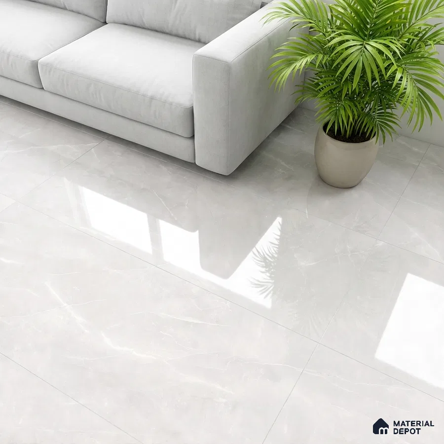 Minimalist living room with glossy light grey marble-look floor tiles and light grey fabric sofa