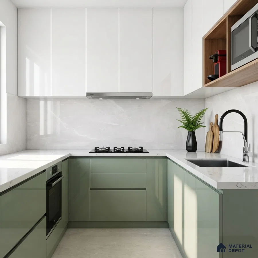 Modern dual tone kitchen with sage green and frosty white laminate, white marble-look quartz countertop