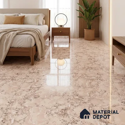 Mid-century Modern Bedroom with Beige Speckled Marble-Look Floor Tile