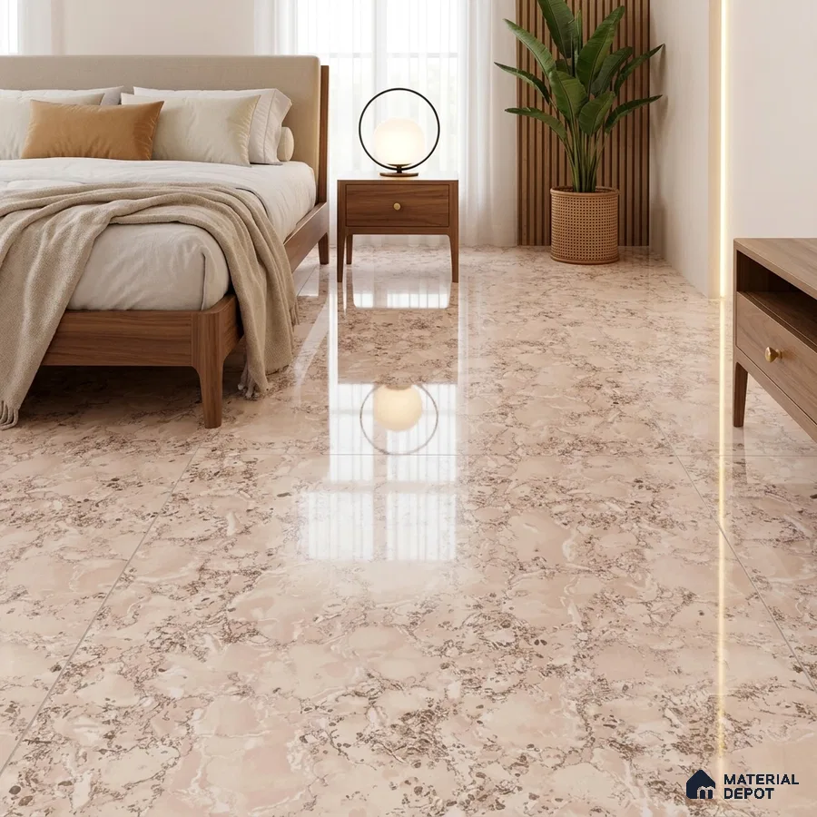 Mid-century Modern Bedroom with Beige Speckled Marble-Look Floor Tile