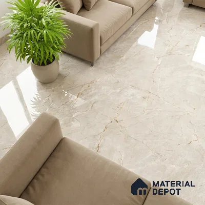 Modern living room with beige marble-look glossy floor tiles and taupe fabric sofa