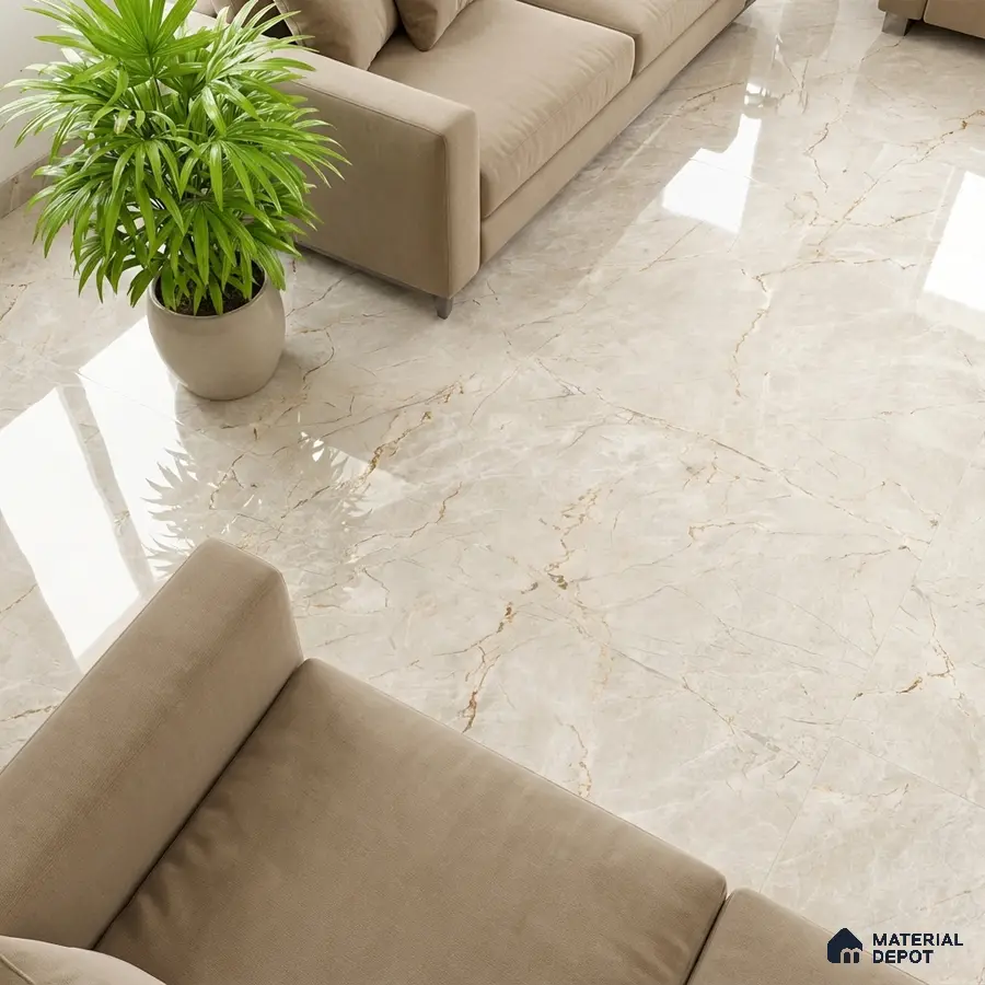 Modern living room with beige marble-look glossy floor tiles and taupe fabric sofa